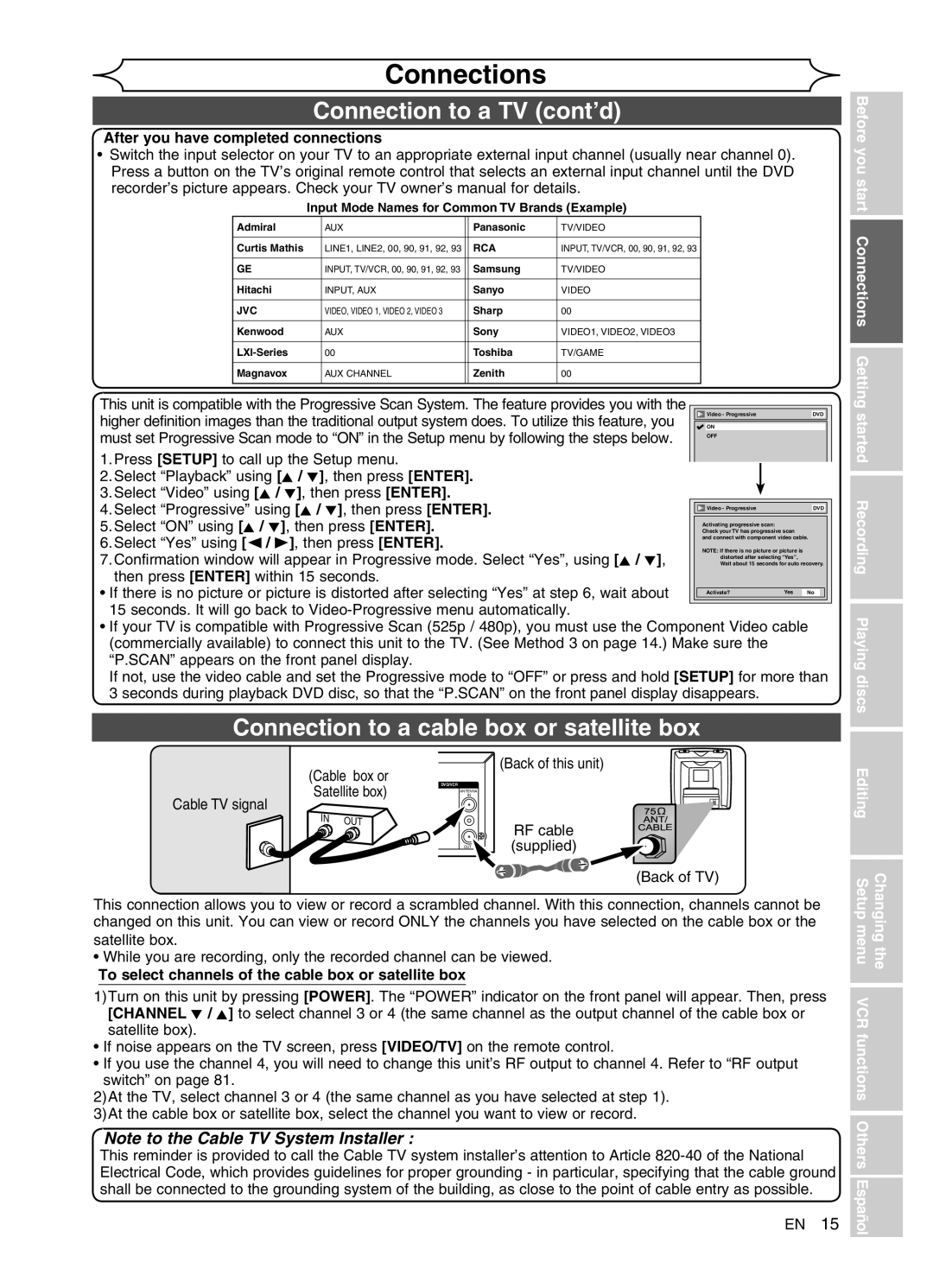 FUNAI DVR90VG manual Connection to a TV cont’d, Connection to a cable box or satellite box 