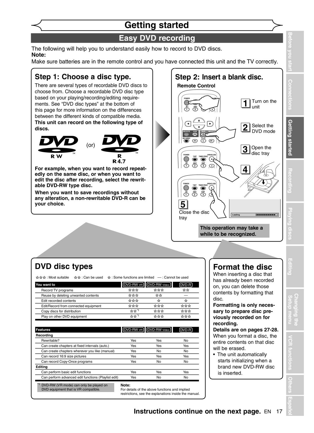 FUNAI DVR90VG manual Getting started, Easy DVD recording, Instructions continue on the next page. EN, Before you start 