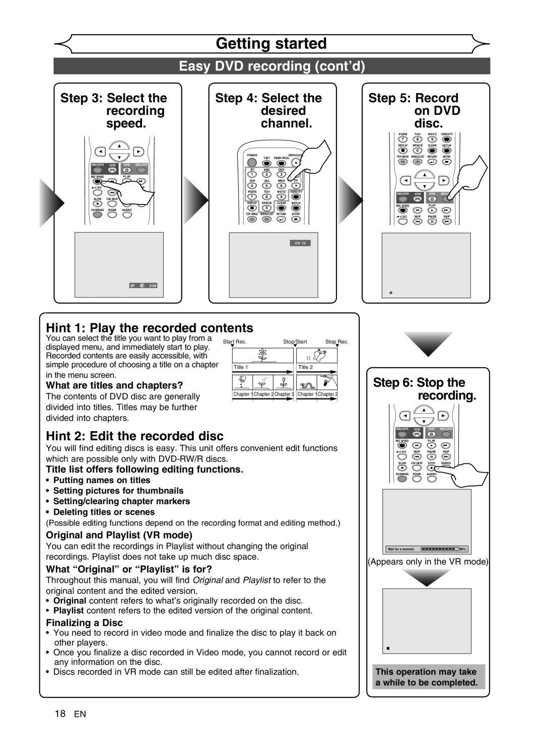 FUNAI DVR90VG manual Easy DVD recording cont’d, Select Record Recording Desired On DVD Speed Channel Disc 