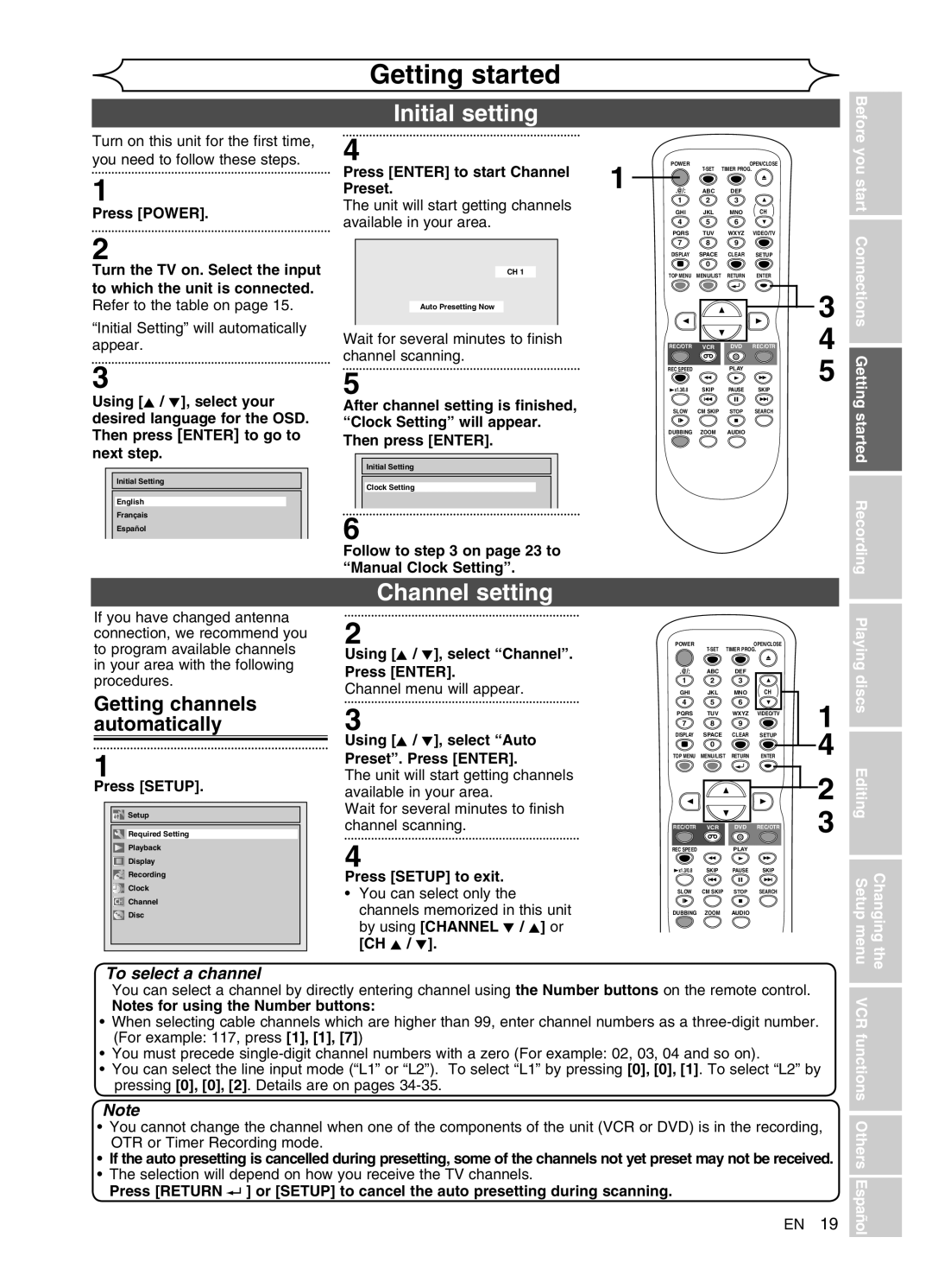 FUNAI DVR90VG manual Initial setting, Channel setting, Getting channels automatically 