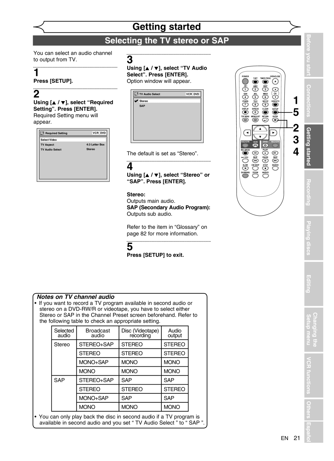 FUNAI DVR90VG manual Selecting the TV stereo or SAP, Using K / L, select TV Audio Select. Press Enter 