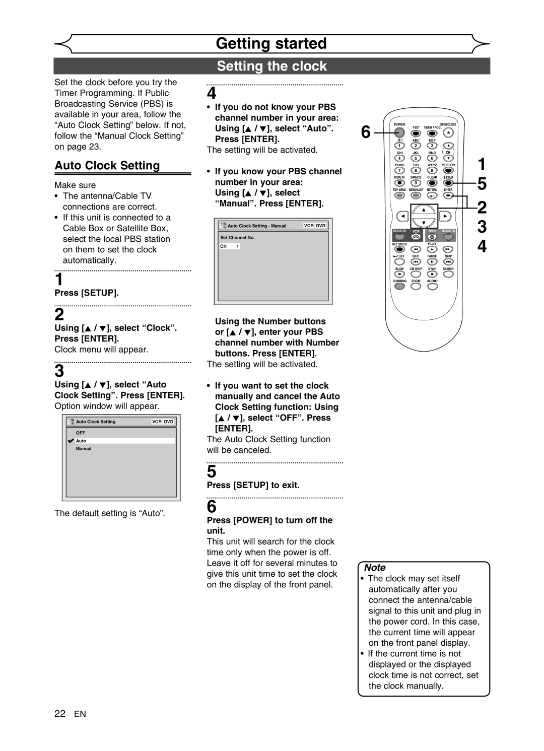 FUNAI DVR90VG manual Setting the clock, Auto Clock Setting, Press Setup Using K / L, select Clock. Press Enter 