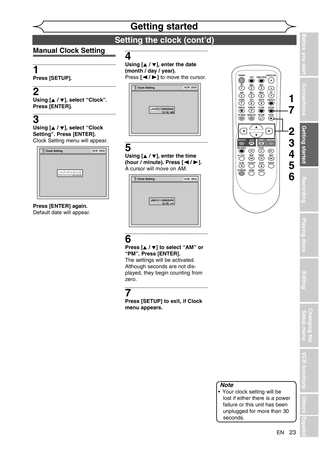 FUNAI DVR90VG manual Setting the clock cont’d, Manual Clock Setting, Playing discs, Changing the Setup menu 