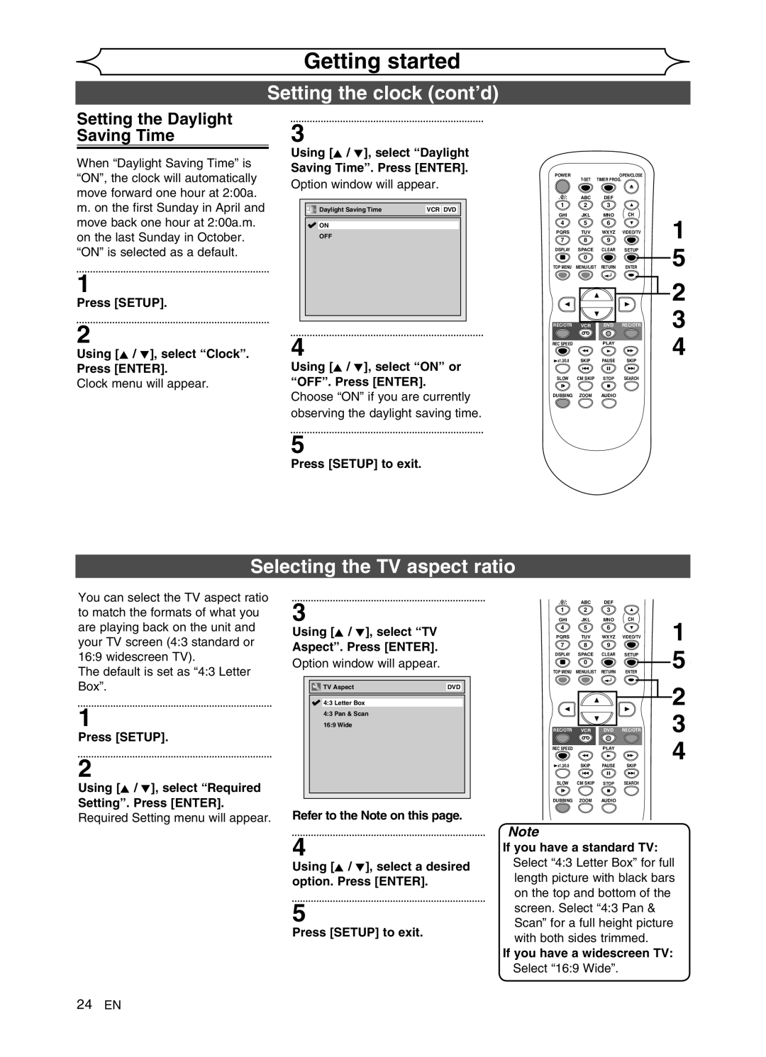 FUNAI DVR90VG Selecting the TV aspect ratio, Setting the Daylight Saving Time, Using K / L, select TV Aspect. Press Enter 