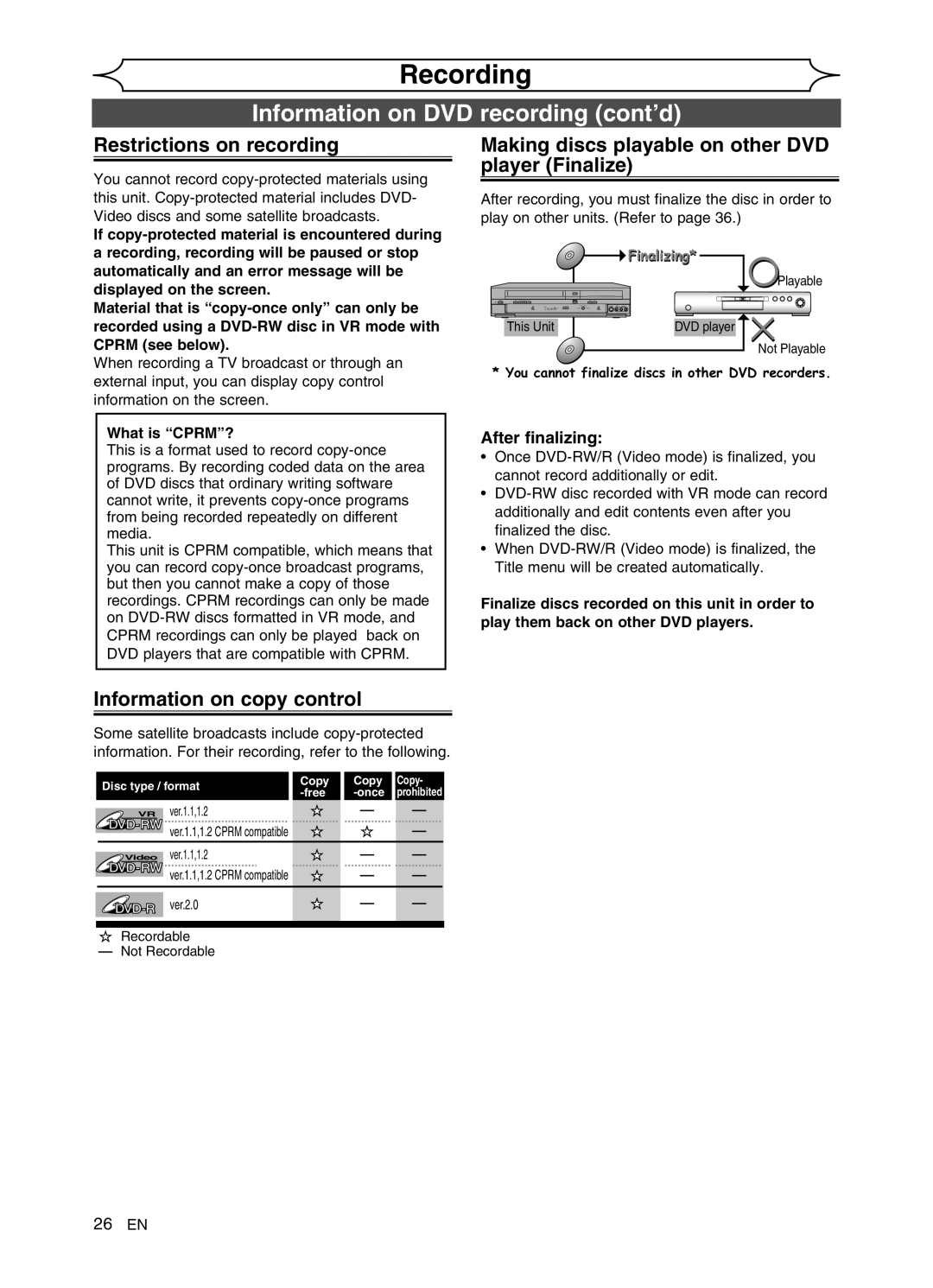 FUNAI DVR90VG manual Information on DVD recording cont’d, Restrictions on recording, Information on copy control 