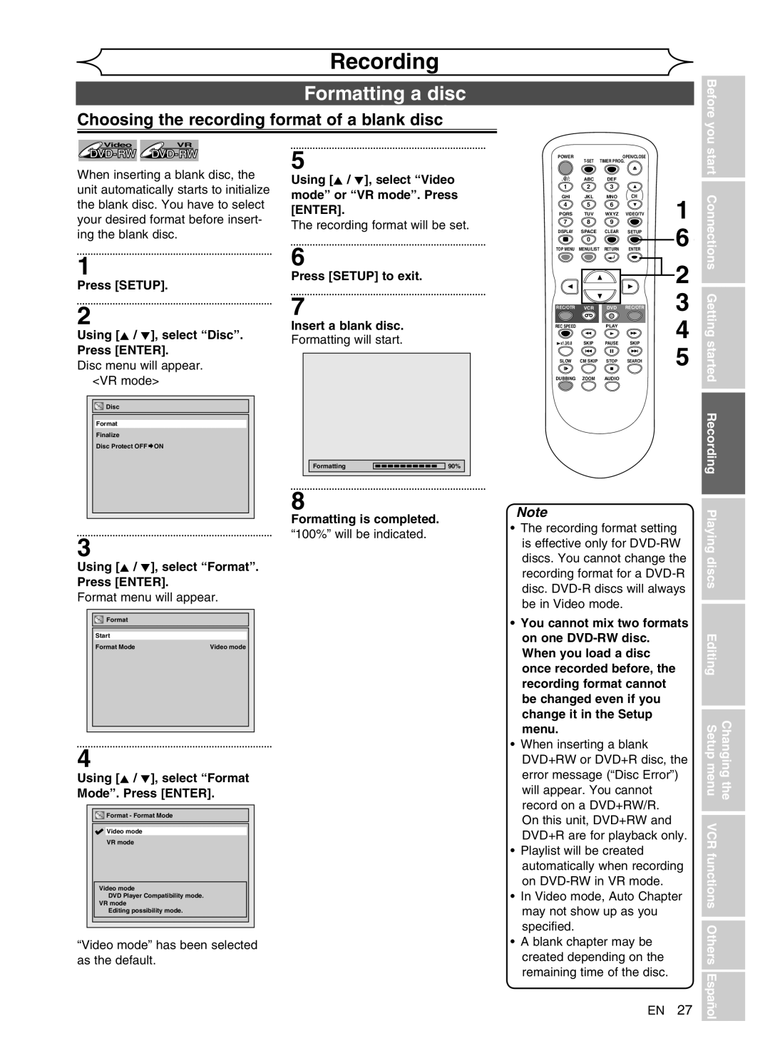 FUNAI DVR90VG manual Formatting a disc, Choosing the recording format of a blank disc 