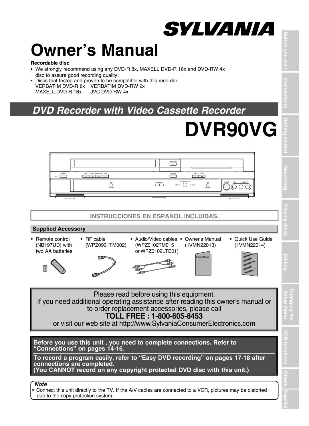 FUNAI DVR90VG manual Supplied Accessory, Recordable disc, Editing, Changing the Setup menu VCR functions Others Español 