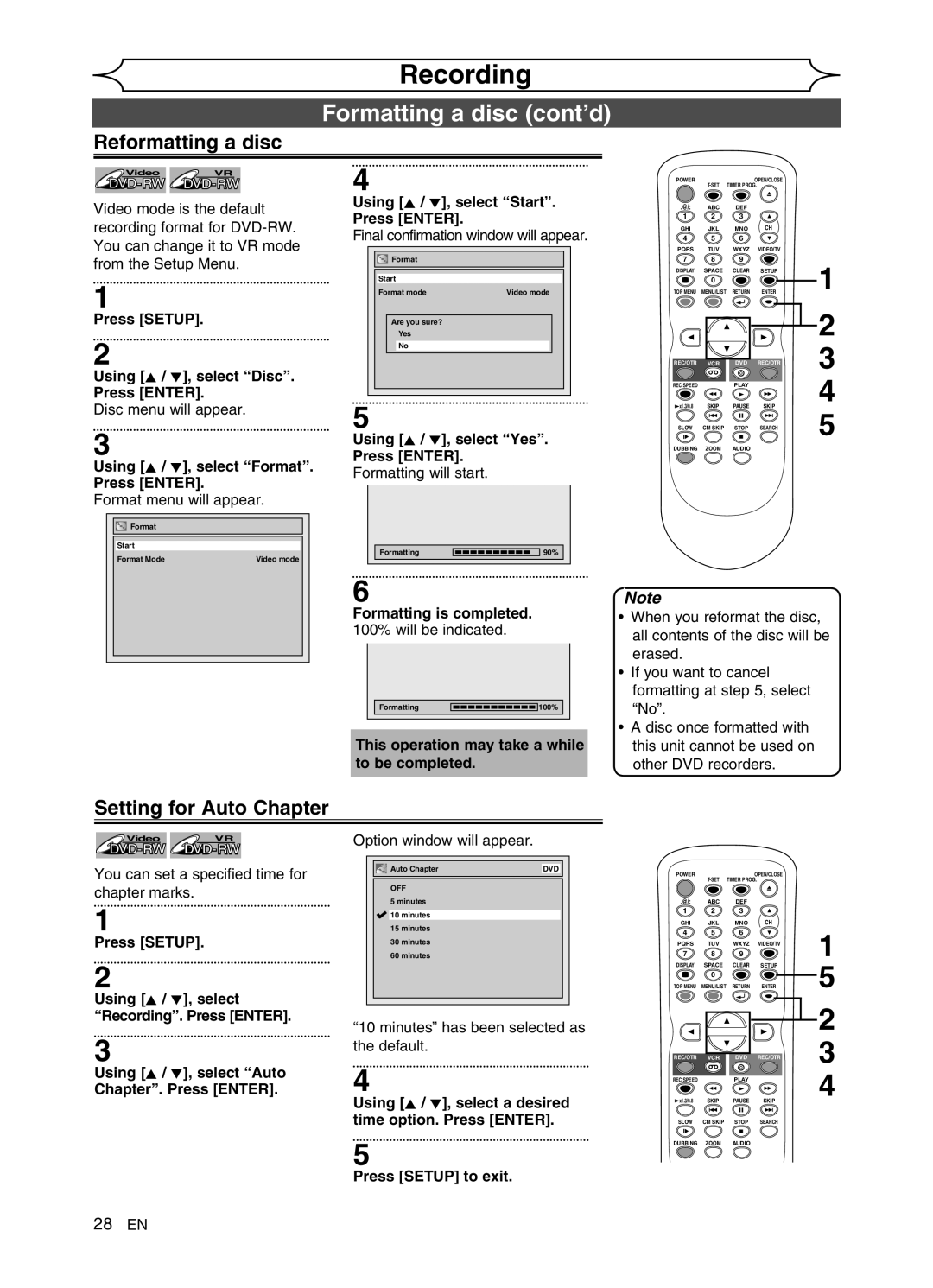 FUNAI DVR90VG manual Formatting a disc cont’d, Reformatting a disc, Setting for Auto Chapter 