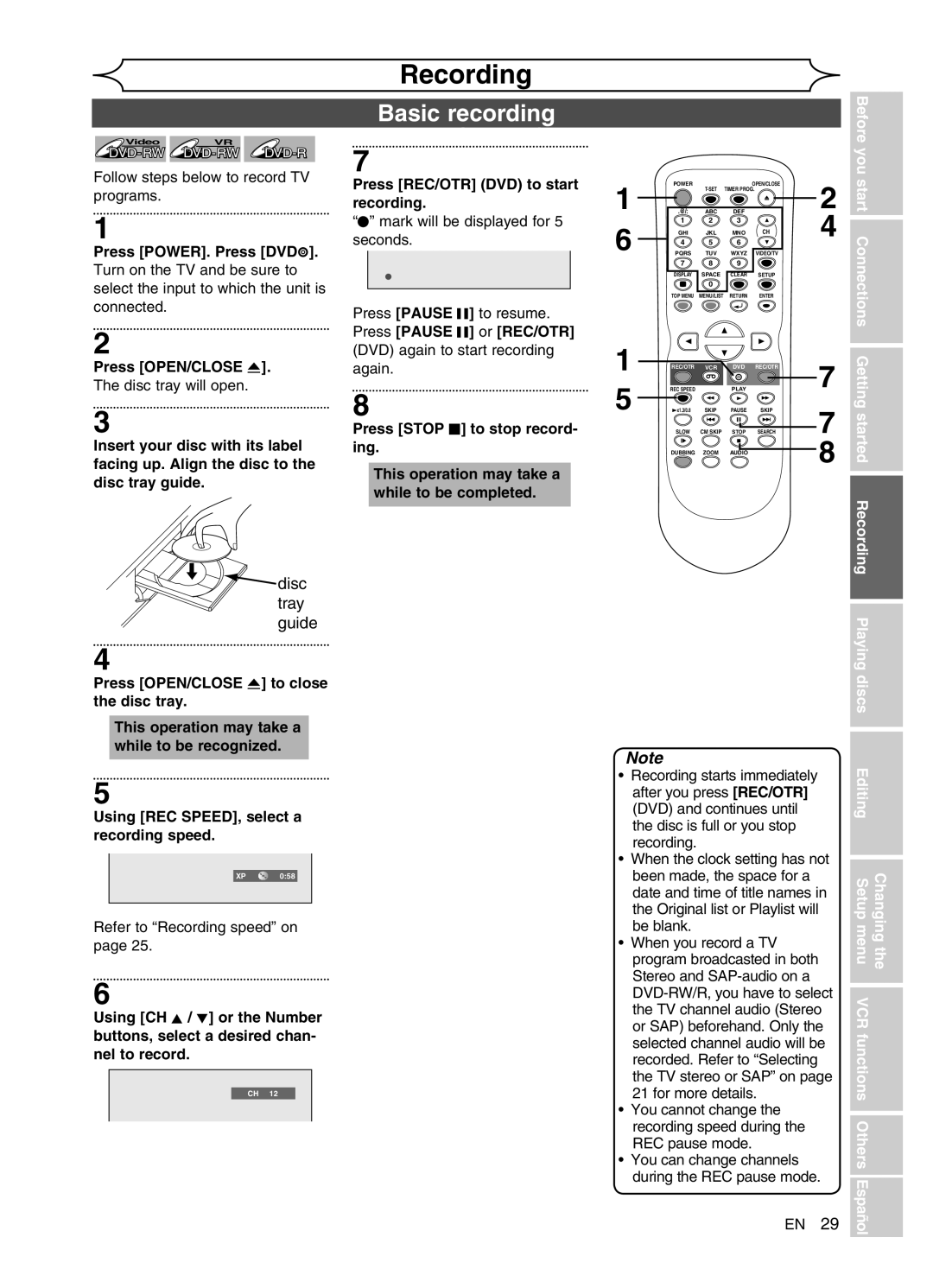 FUNAI DVR90VG manual Basic recording, Disc tray guide 