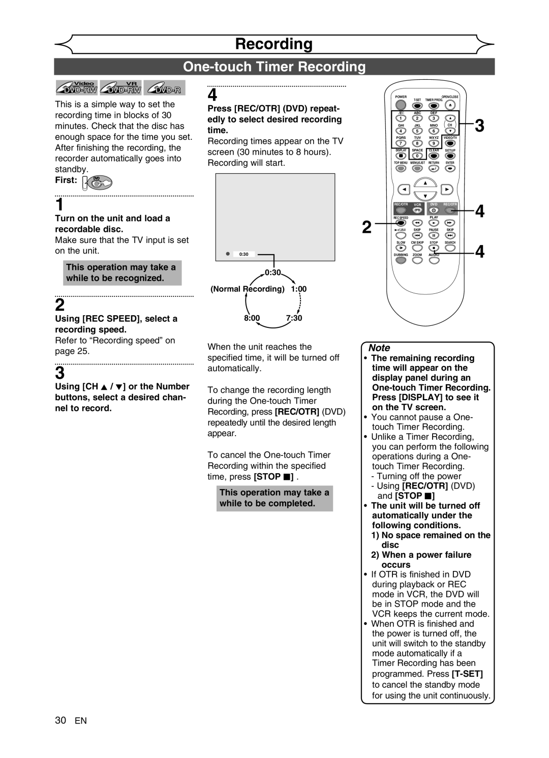 FUNAI DVR90VG manual One-touch Timer Recording, First DVD Turn on the unit and load a recordable disc 