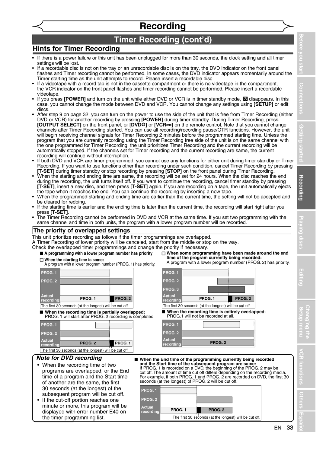 FUNAI DVR90VG manual Hints for Timer Recording, Priority of overlapped settings, Changing the Setup menu VCR 