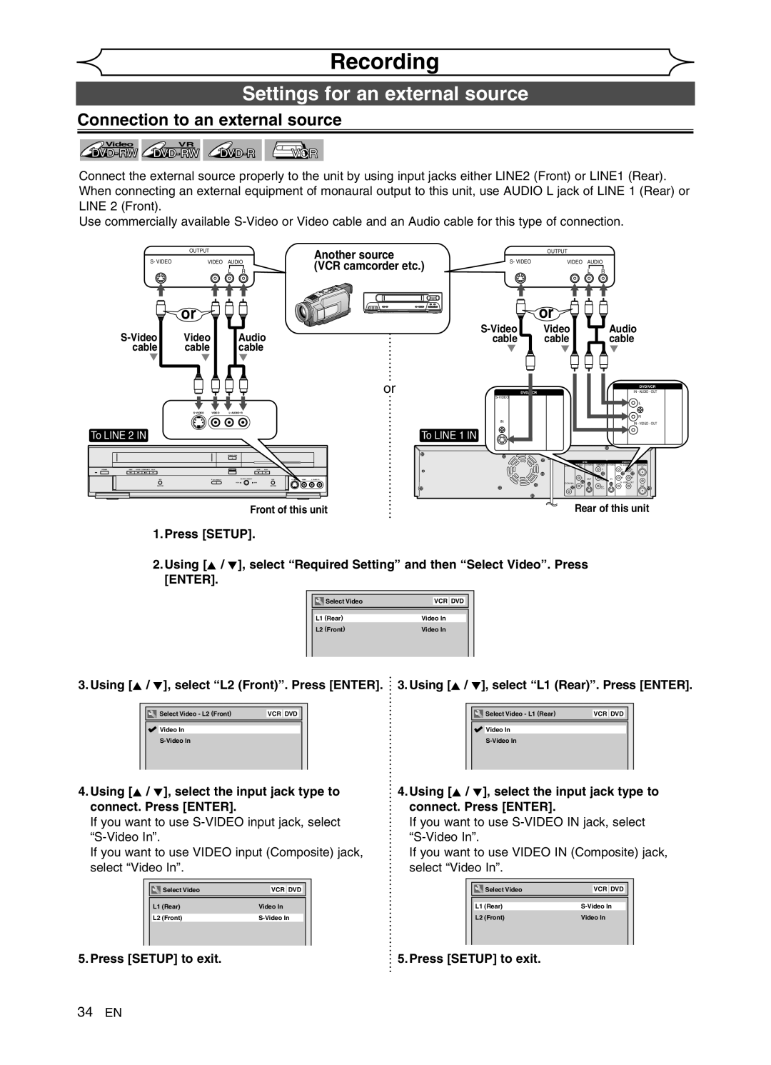 FUNAI DVR90VG manual Settings for an external source, Connection to an external source 