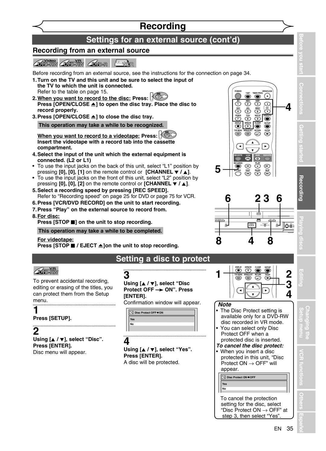 FUNAI DVR90VG manual Settings for an external source cont’d, Setting a disc to protect, Recording from an external source 