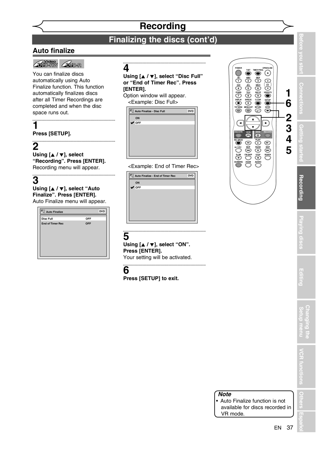 FUNAI DVR90VG manual Finalizing the discs cont’d, Auto finalize, Press Setup Using K / L, select Recording. Press Enter 