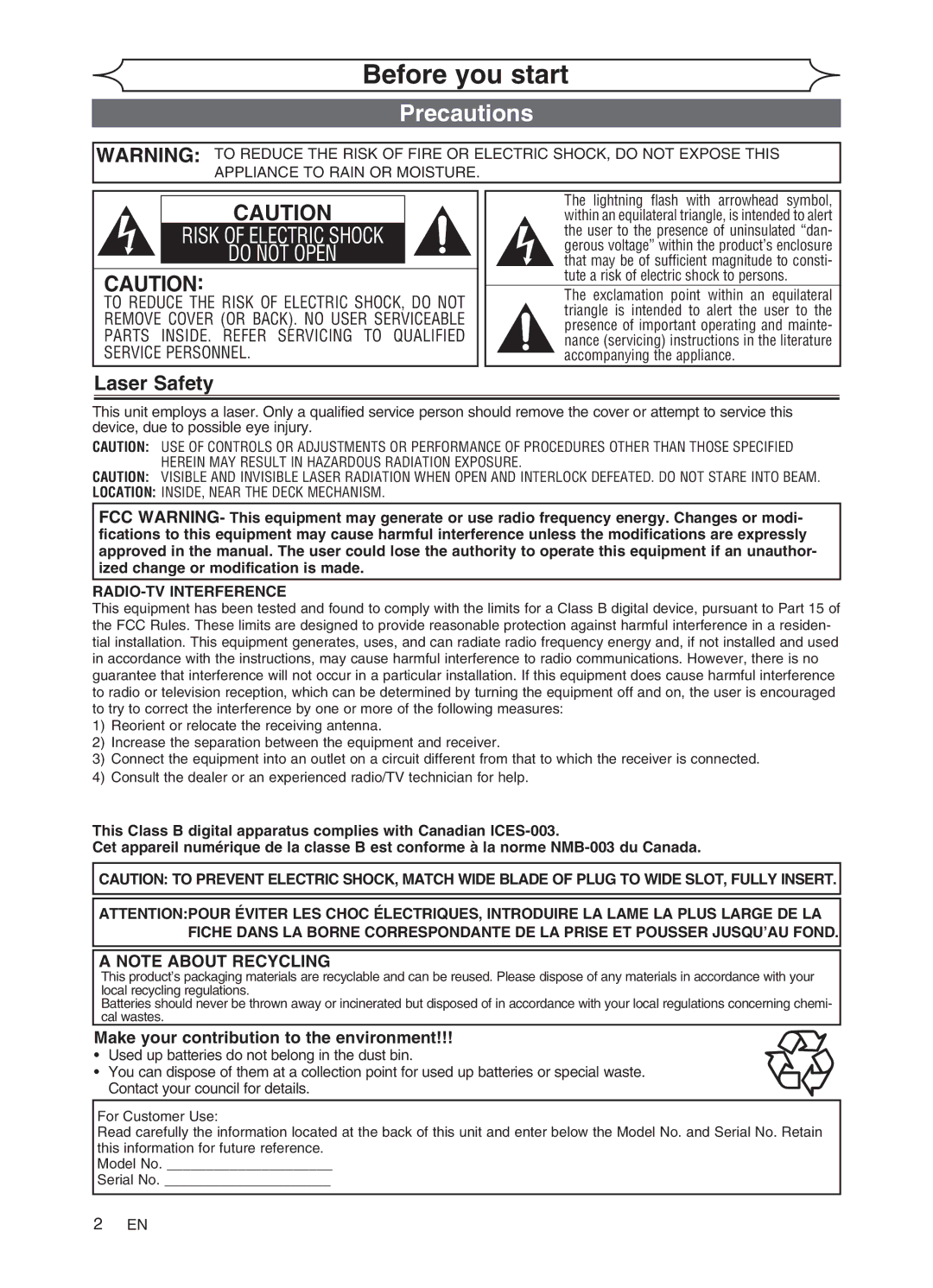 FUNAI DVR90VG manual Before you start, Precautions, Laser Safety, Make your contribution to the environment 