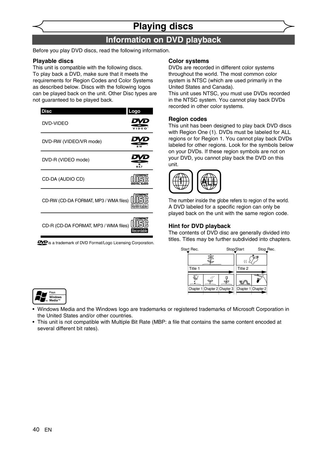 FUNAI DVR90VG manual Playing discs, Information on DVD playback 