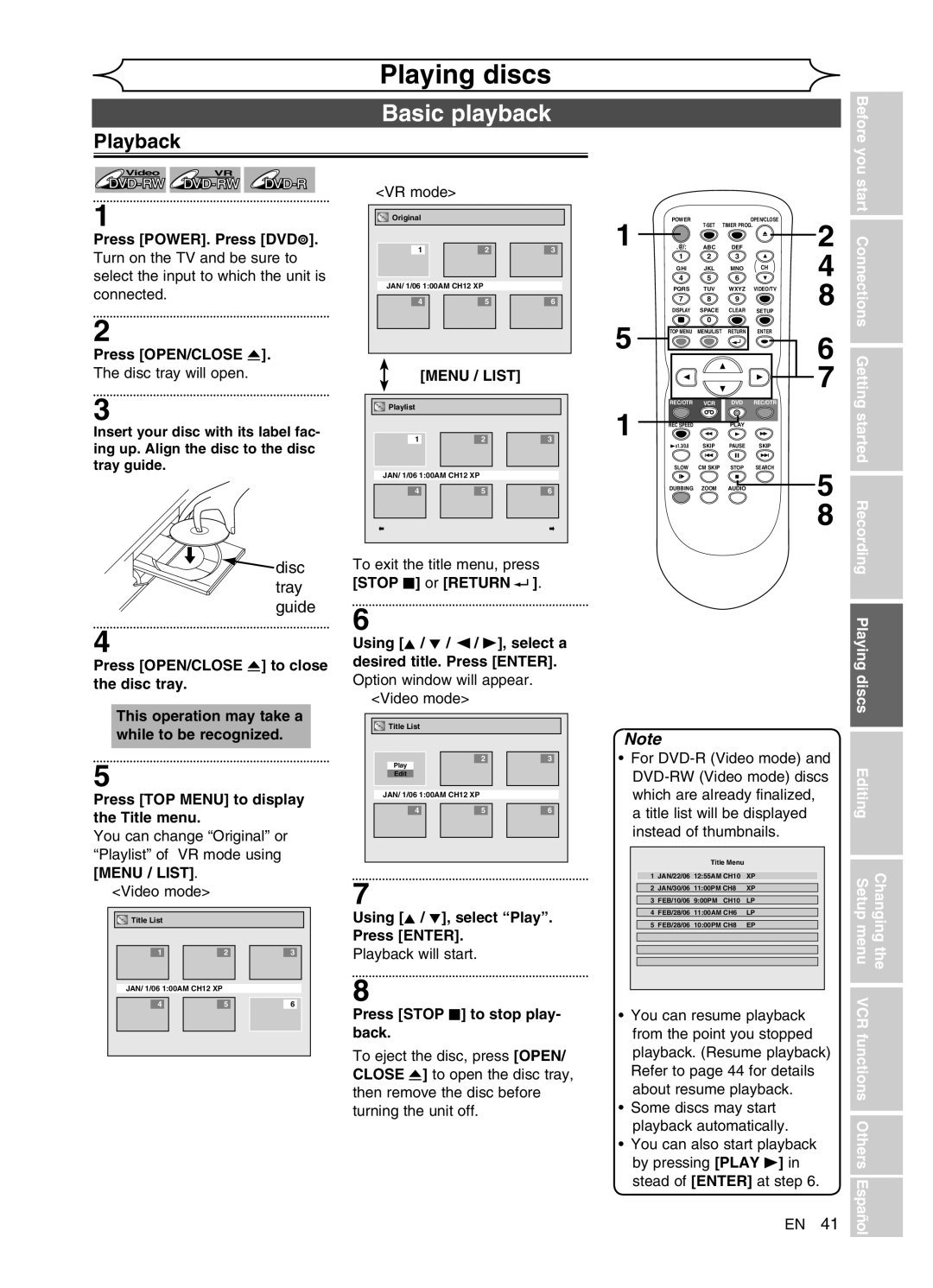 FUNAI DVR90VG manual Basic playback, Playback, Menu / List, Start Connections Getting started Recording Playing discs 