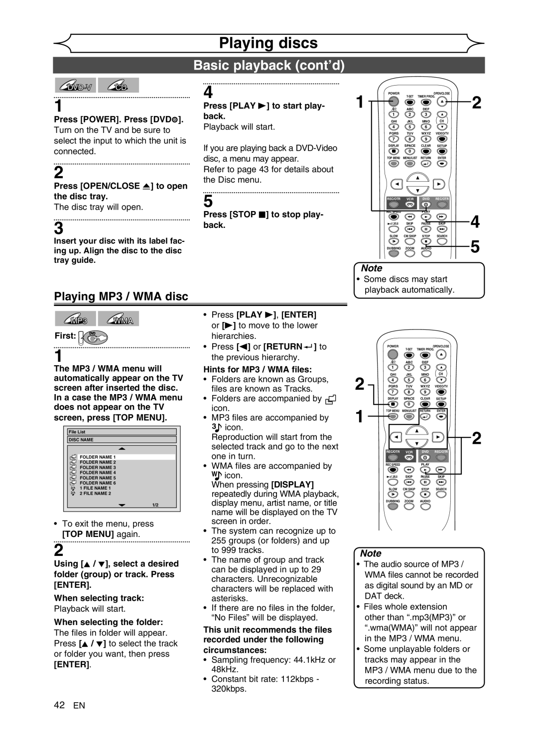 FUNAI DVR90VG manual Basic playback cont’d, Playing MP3 / WMA disc, Press Play B to start play- back 