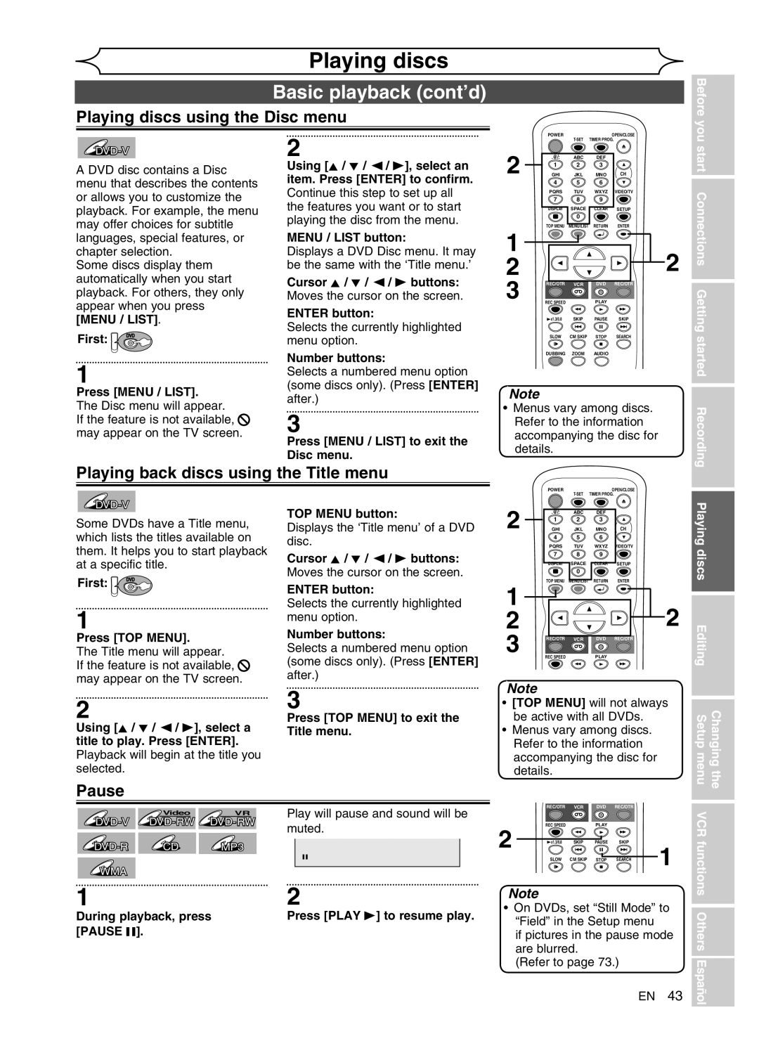 FUNAI DVR90VG manual Playing discs using the Disc menu, Playing back discs using the Title menu, Pause 