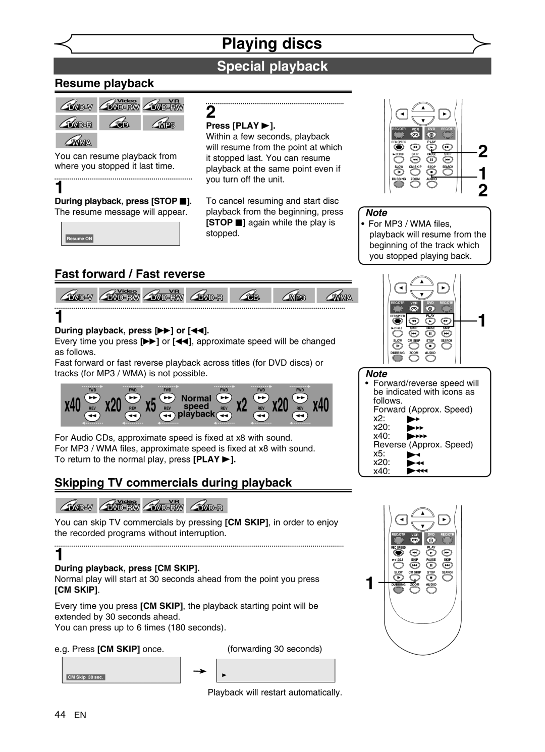 FUNAI DVR90VG manual Special playback, Resume playback, Skipping TV commercials during playback, X40 