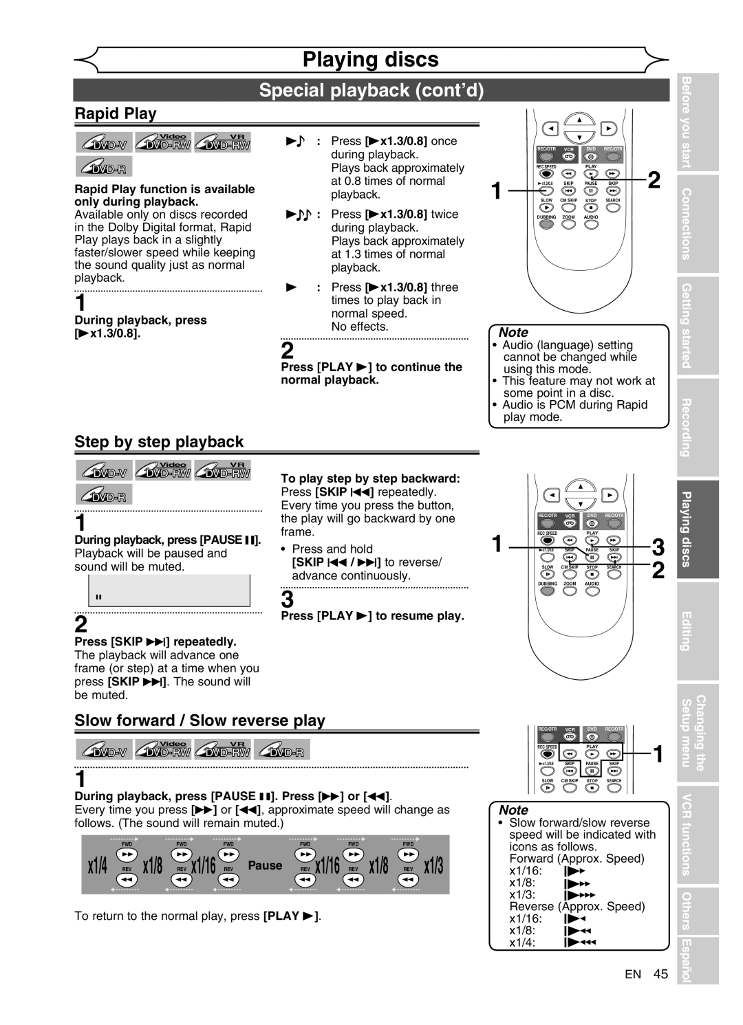 FUNAI DVR90VG manual Special playback cont’d, Rapid Play, Step by step playback, Slow forward / Slow reverse play 