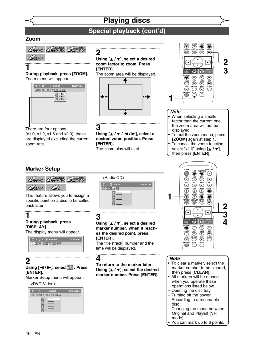 FUNAI DVR90VG manual Marker Setup, During playback, press Zoom, During playback, press Display 