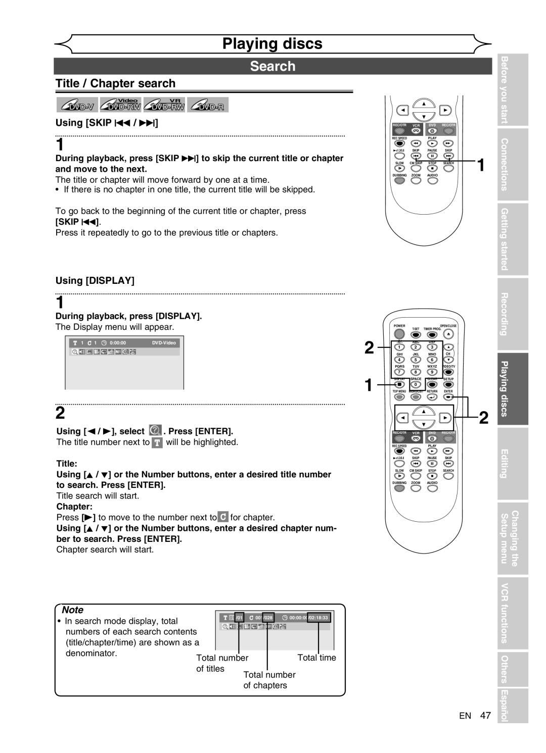 FUNAI DVR90VG manual Search, Title / Chapter search, Using Skip H / G, Using Display 