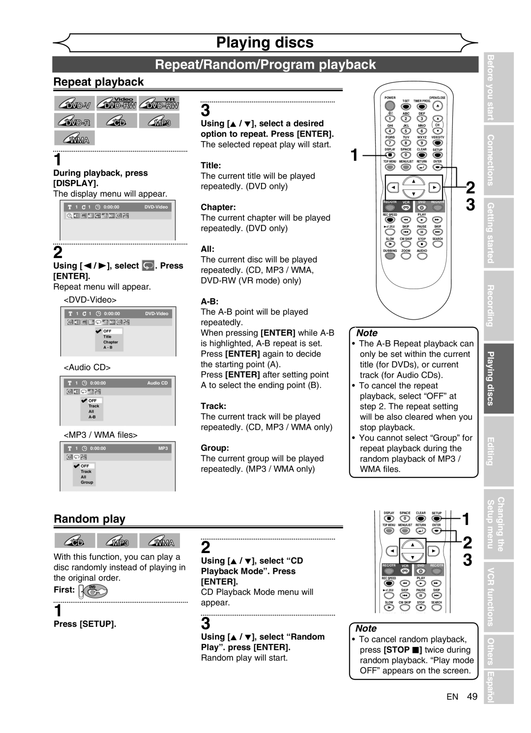 FUNAI DVR90VG manual Repeat/Random/Program playback, Repeat playback, Random play, Display, Enter 