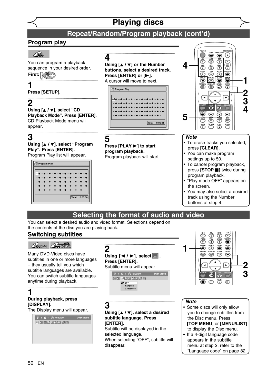 FUNAI DVR90VG manual Repeat/Random/Program playback cont’d, Selecting the format of audio and video, Switching subtitles 