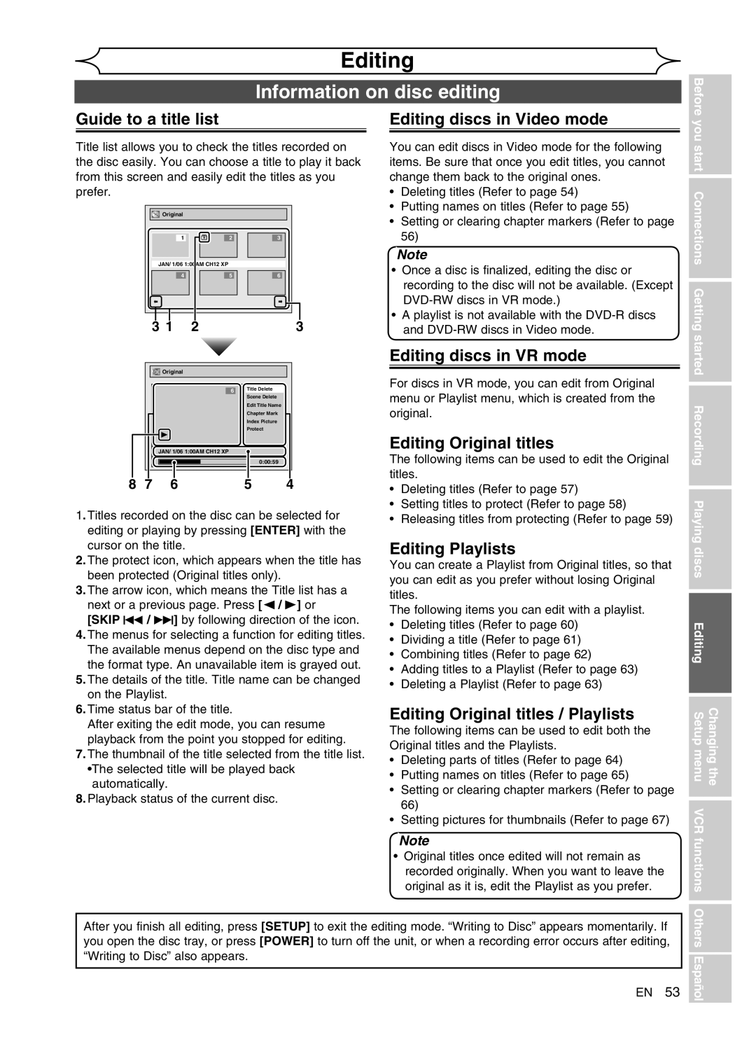 FUNAI DVR90VG manual Editing, Information on disc editing 