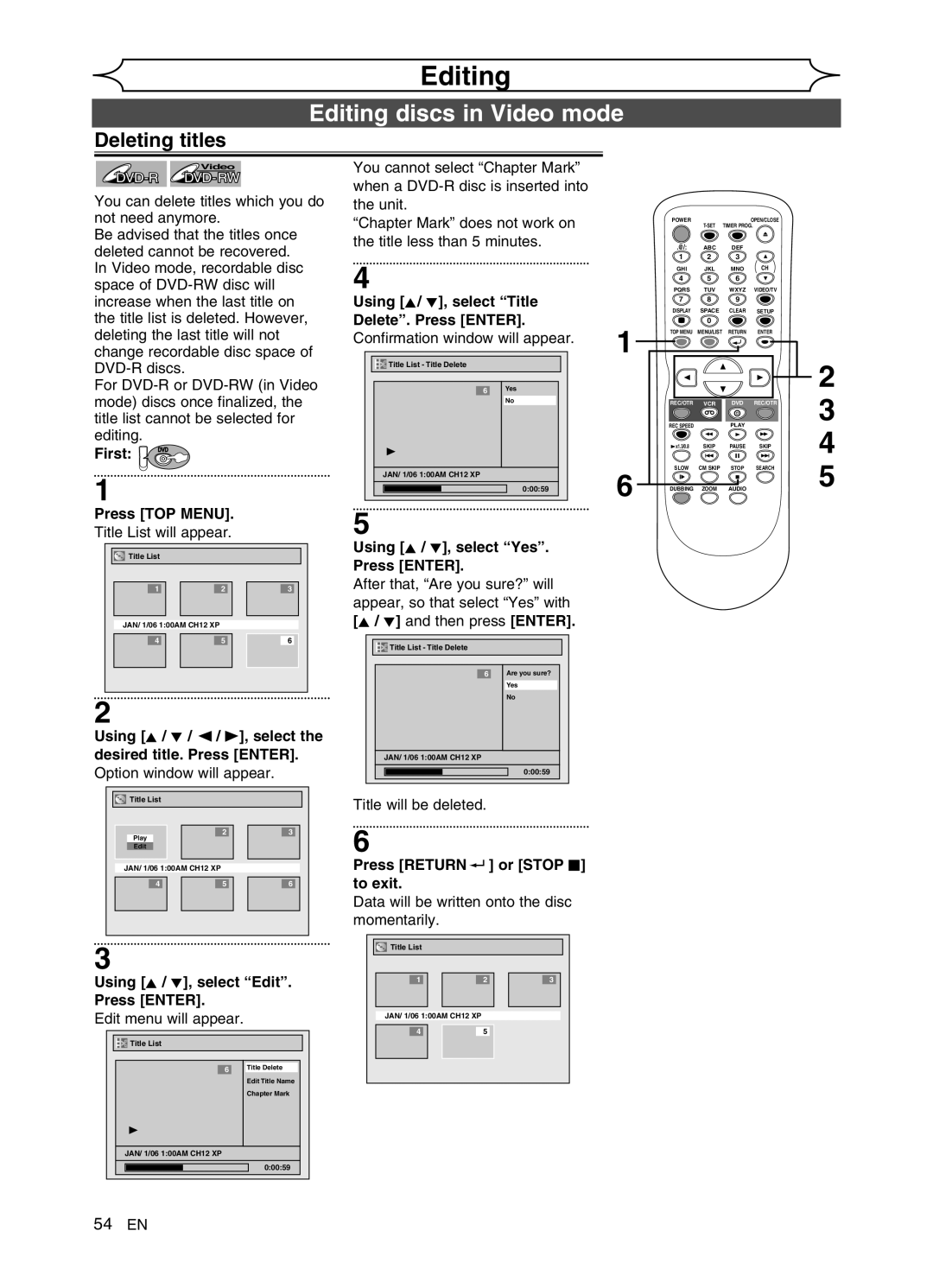 FUNAI DVR90VG manual Editing discs in Video mode, Deleting titles, Using K / L / / B, select the desired title. Press Enter 