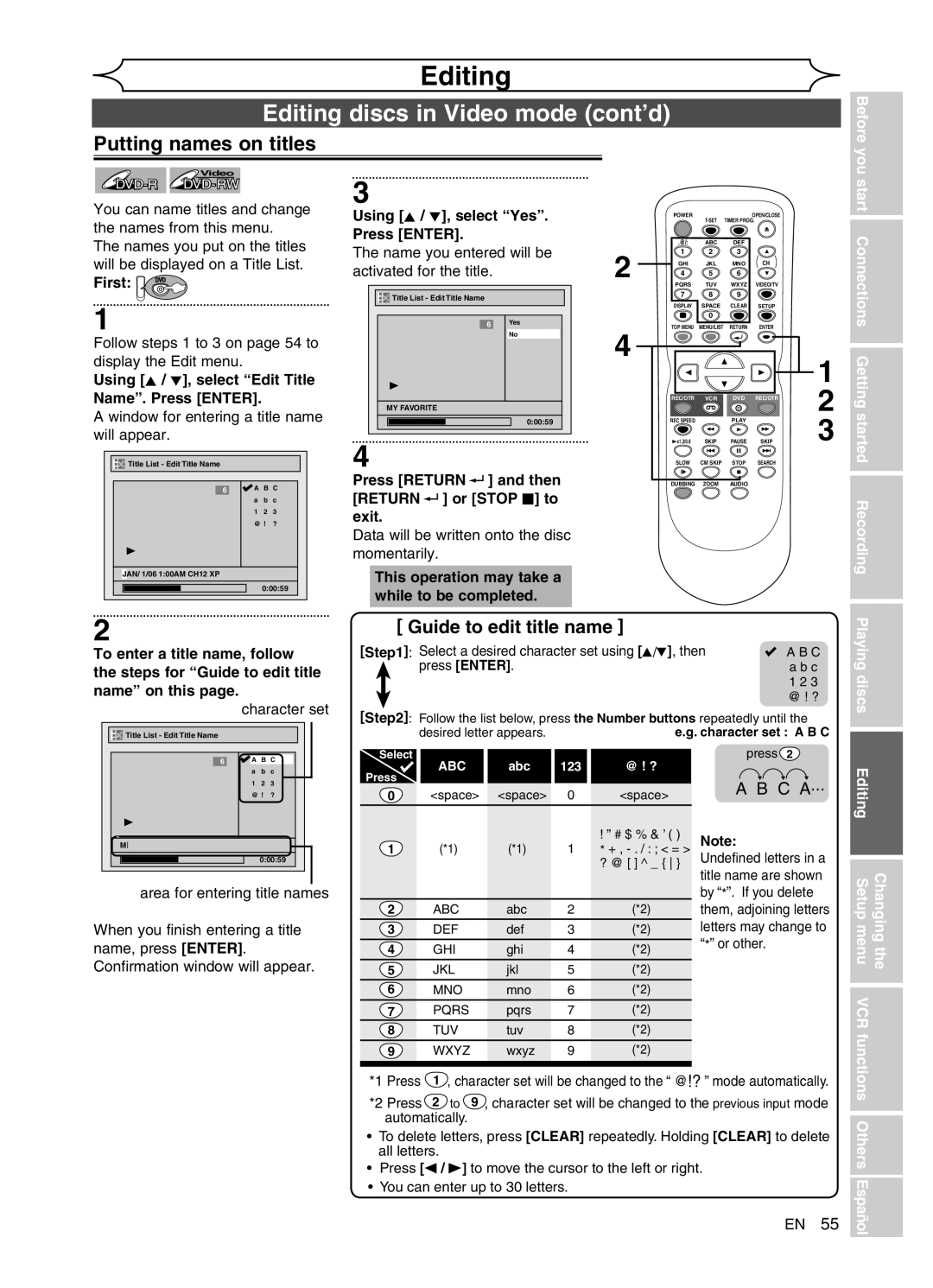 FUNAI DVR90VG manual Editing discs in Video mode cont’d, Putting names on titles, Start Connections Getting 