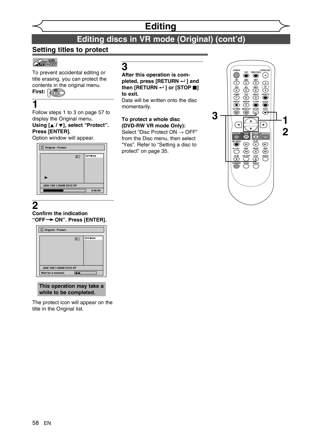 FUNAI DVR90VG manual Editing discs in VR mode Original cont’d, Setting titles to protect, To exit 