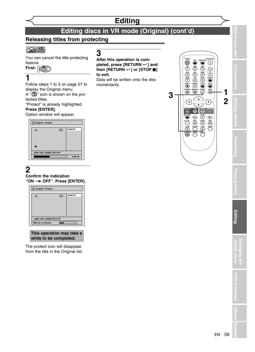 FUNAI DVR90VG manual Releasing titles from protecting, You can cancel the title-protecting feature 