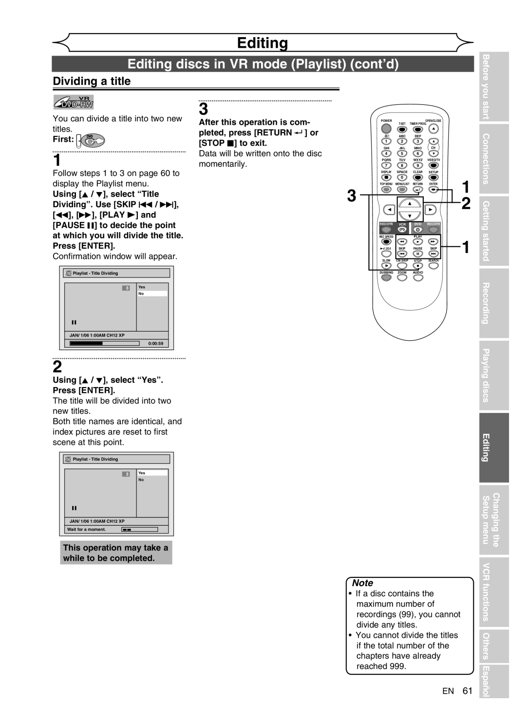 FUNAI DVR90VG manual Editing discs in VR mode Playlist cont’d, Dividing a title 