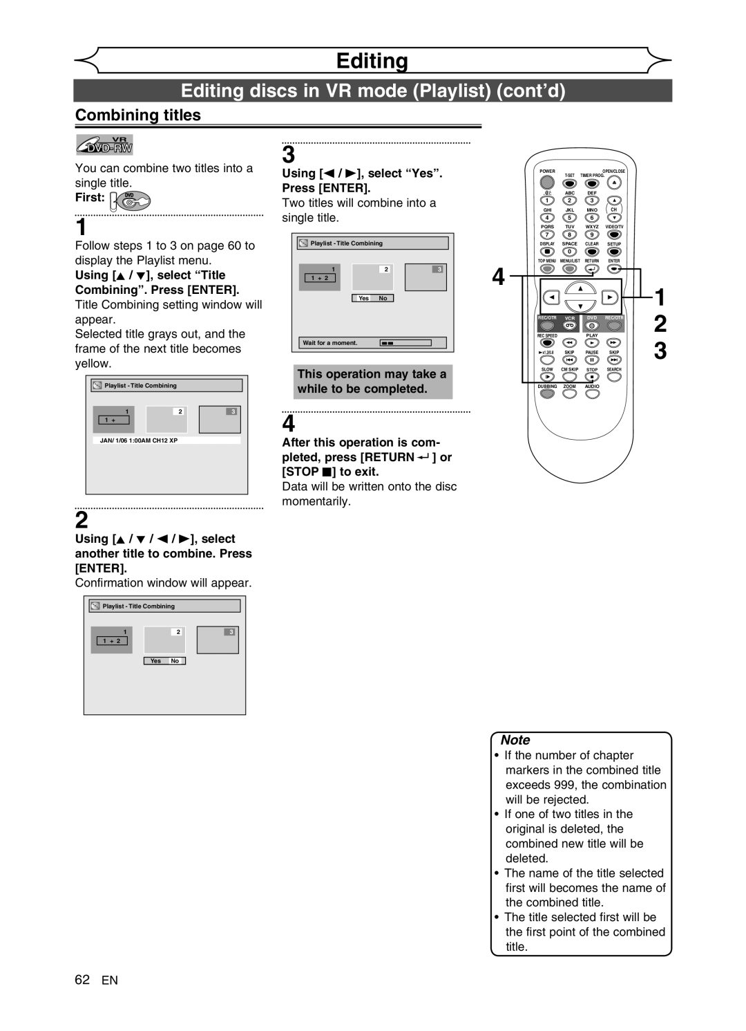 FUNAI DVR90VG Combining titles, Using K / L, select Title Combining. Press Enter, Using s / B, select Yes. Press Enter 