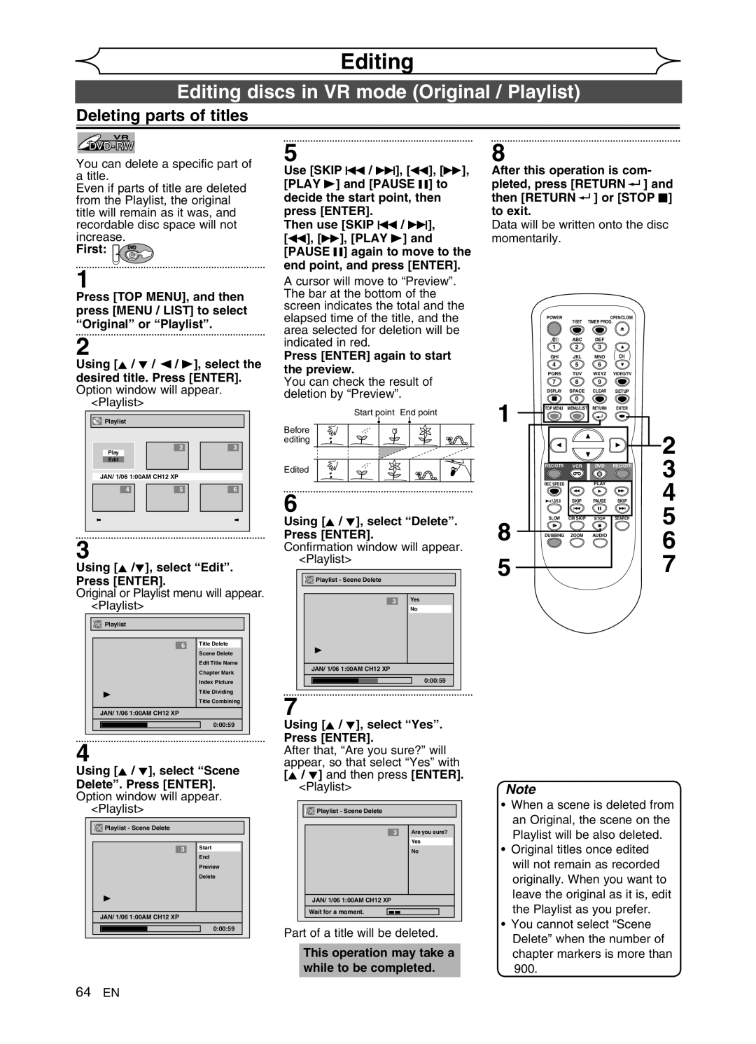 FUNAI DVR90VG Editing discs in VR mode Original / Playlist, Deleting parts of titles, Using K /L, select Edit. Press Enter 