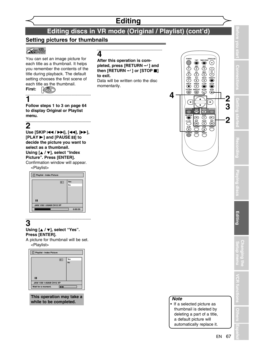 FUNAI DVR90VG manual Setting pictures for thumbnails, Recording Playing discs, Picture for thumbnail will be set. Playlist 