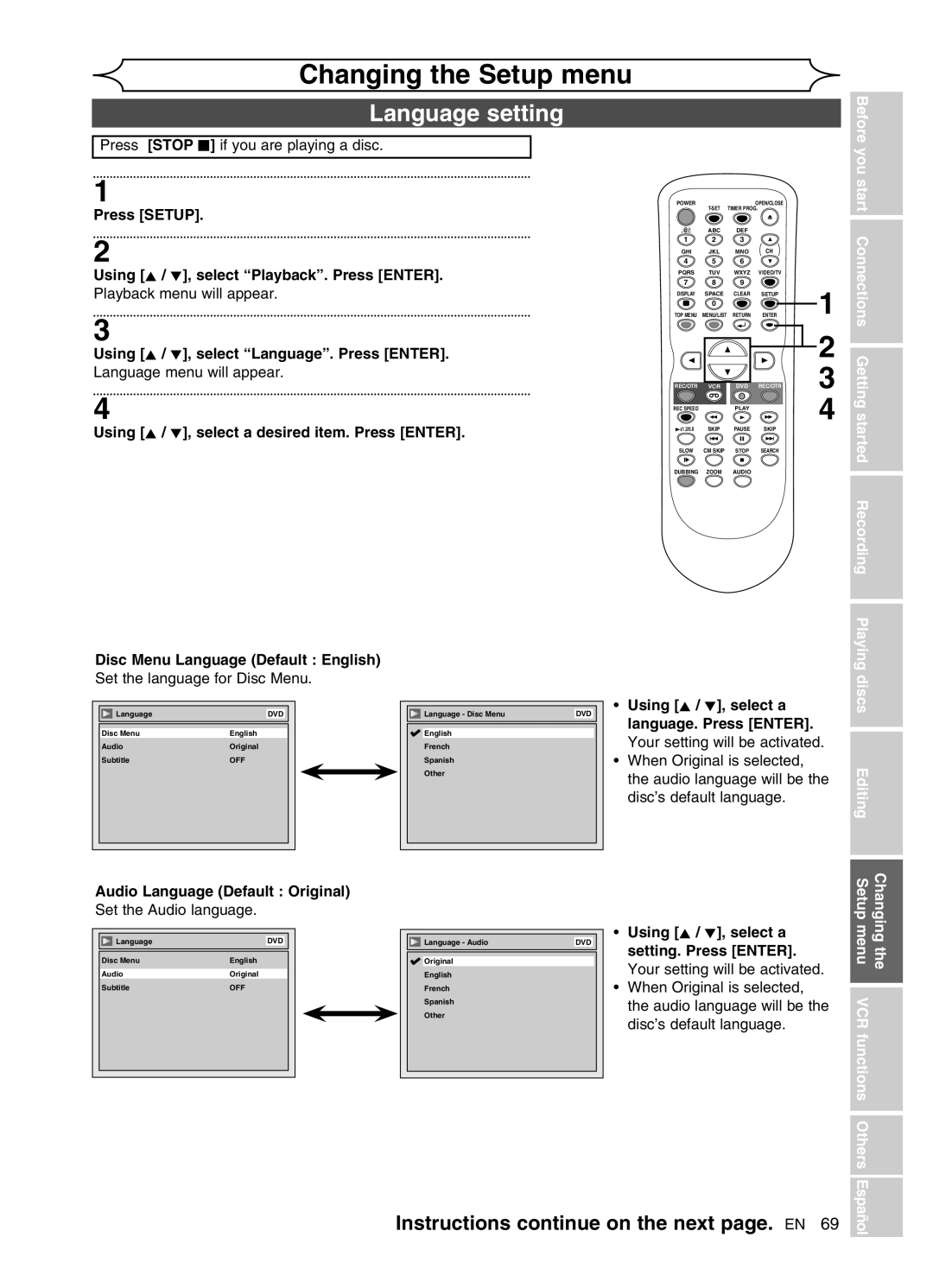 FUNAI DVR90VG manual Language setting 