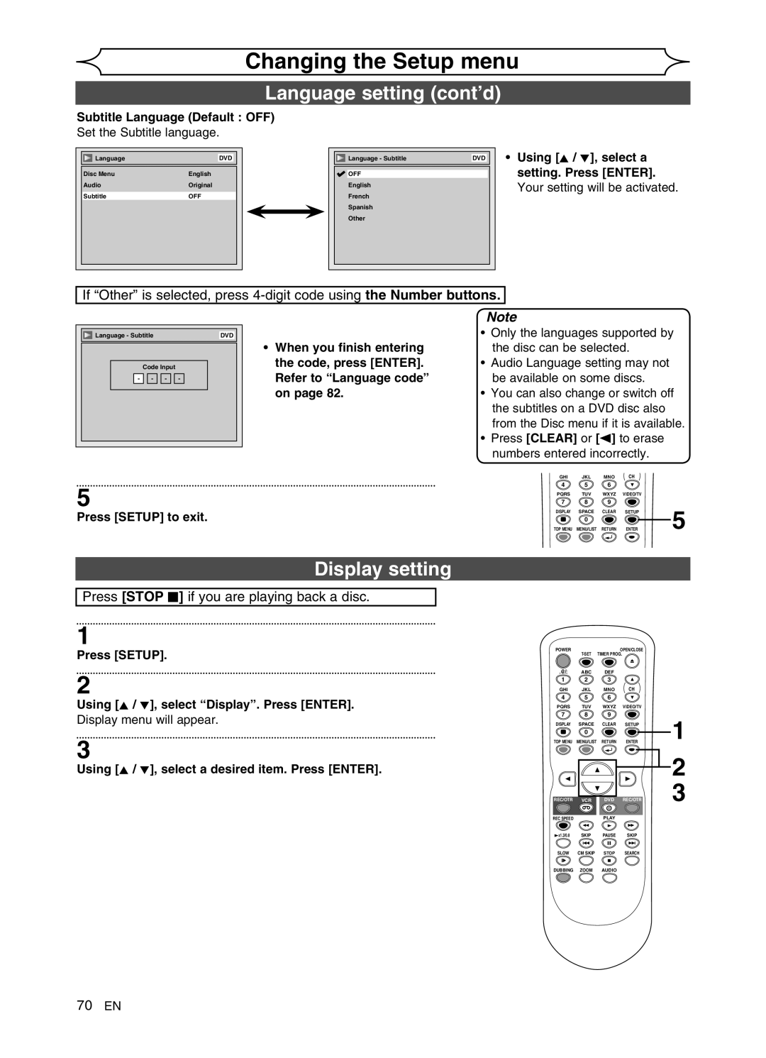 FUNAI DVR90VG manual Language setting cont’d, Display setting, Press Stop C if you are playing back a disc 