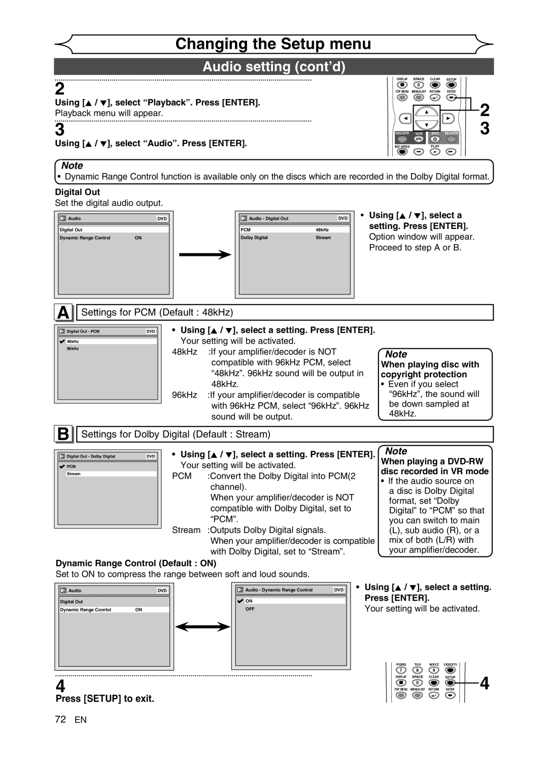 FUNAI DVR90VG manual Audio setting cont’d, Settings for PCM Default 48kHz, Settings for Dolby Digital Default Stream 