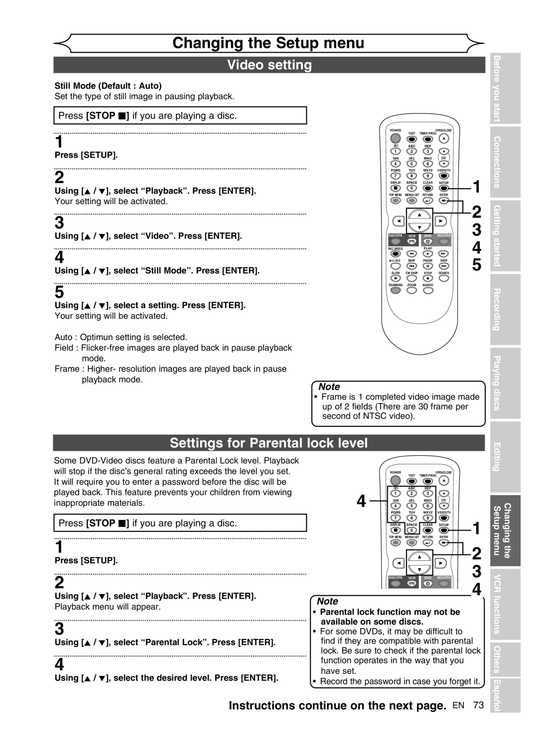 FUNAI DVR90VG manual Video setting, Settings for Parental lock level, Press Stop C if you are playing a disc 