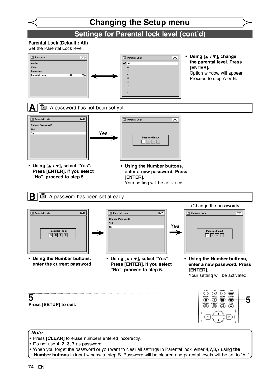 FUNAI DVR90VG Settings for Parental lock level cont’d, Password has not been set yet, Yes, Password has been set already 