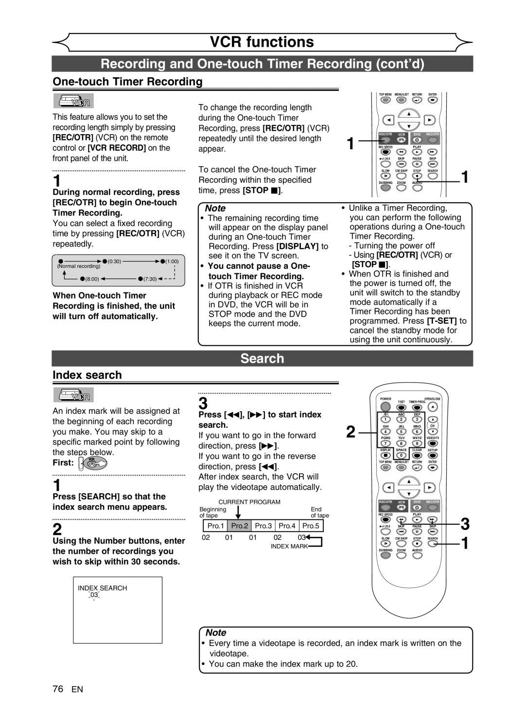 FUNAI DVR90VG manual Recording and One-touch Timer Recording cont’d, Index search 