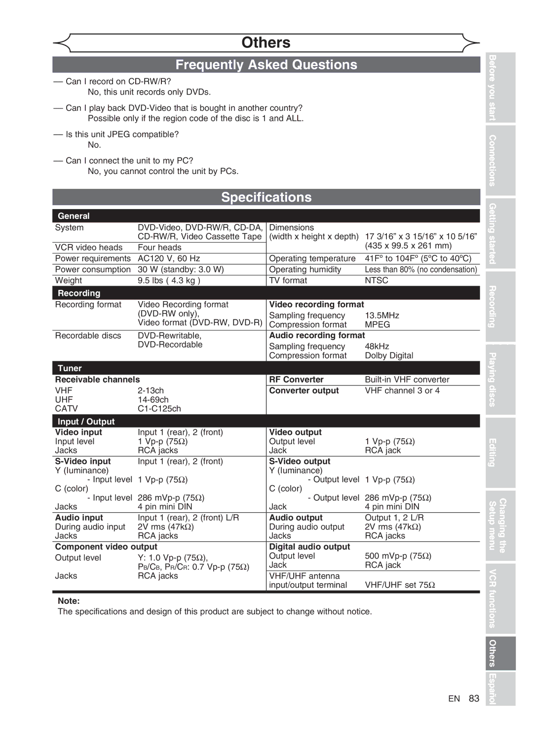 FUNAI DVR90VG manual Frequently Asked Questions, Specifications, General, Tuner, Input / Output 