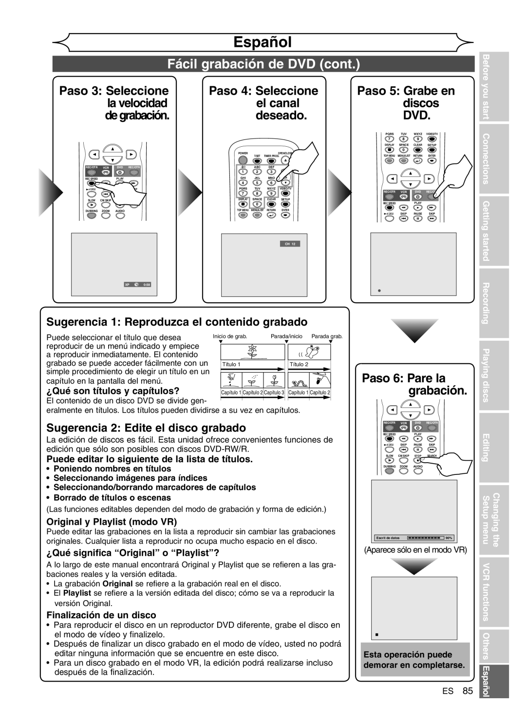 FUNAI DVR90VG manual Sugerencia 1 Reproduzca el contenido grabado, Sugerencia 2 Edite el disco grabado 