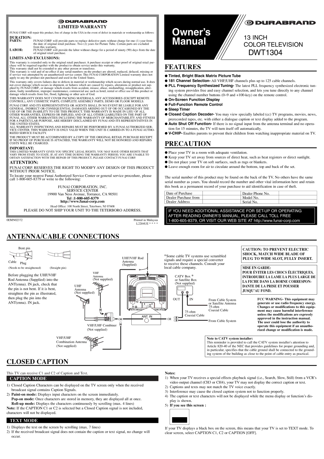 FUNAI DWT1304 owner manual Features, Precaution, ANTENNA/CABLE Connections, Closed Caption 