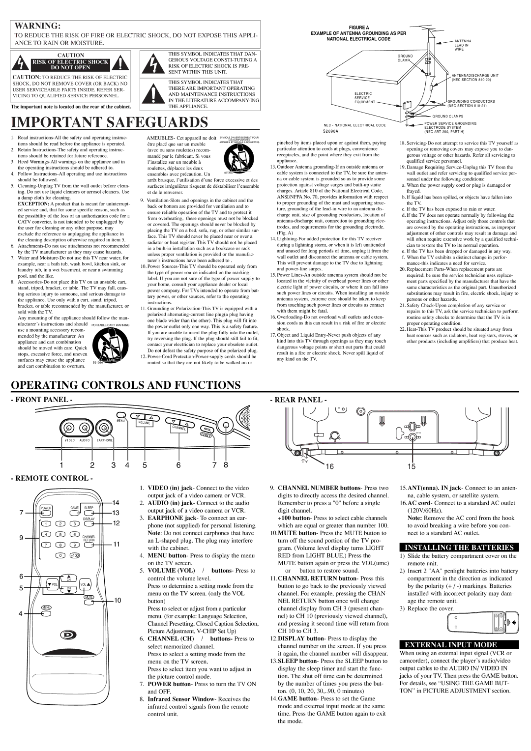 FUNAI DWT1304 Operating Controls and Functions, Front Panel Rear Panel, Remote Control, Installing the Batteries 