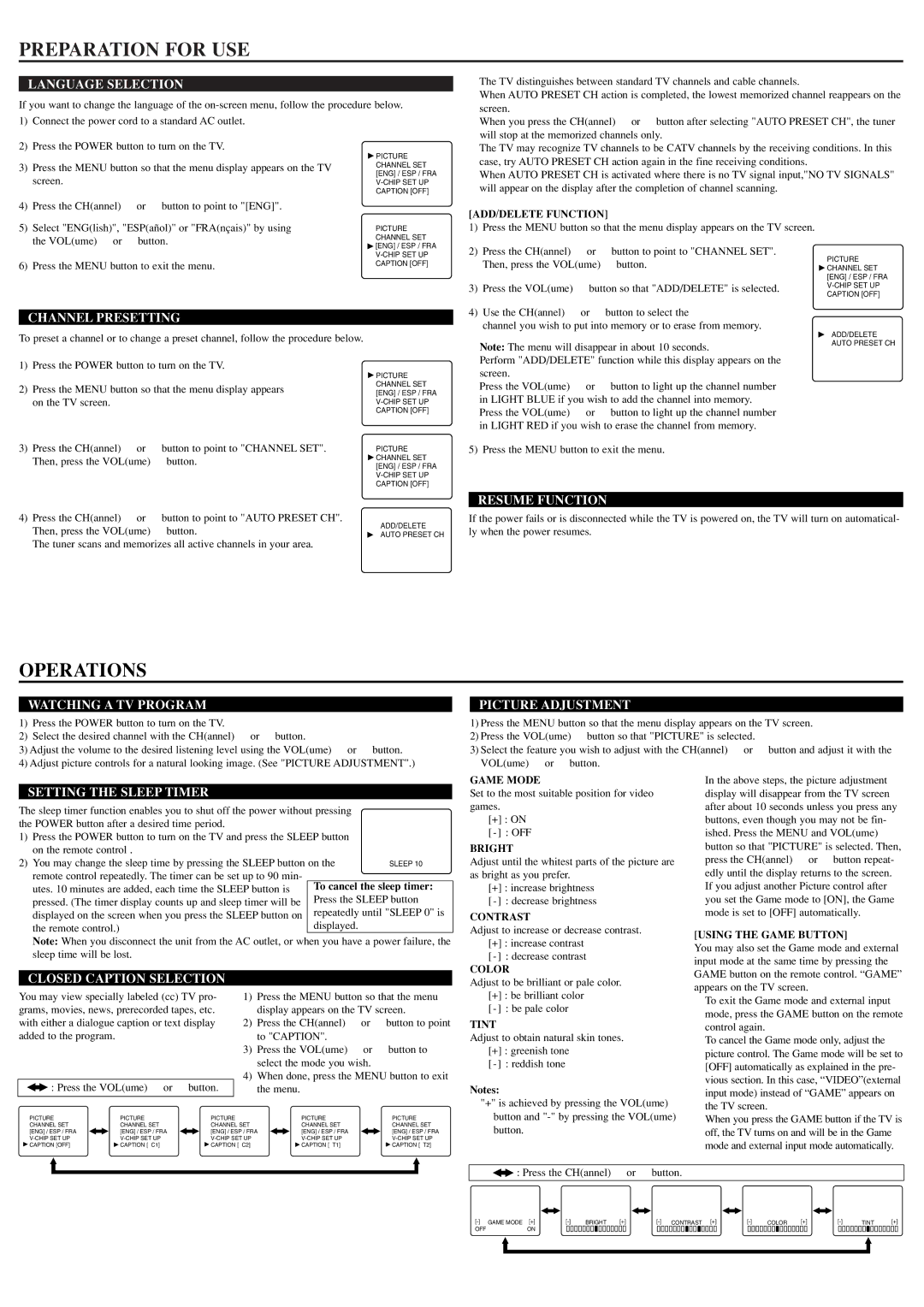 FUNAI DWT1304 owner manual Preparation for USE, Operations 