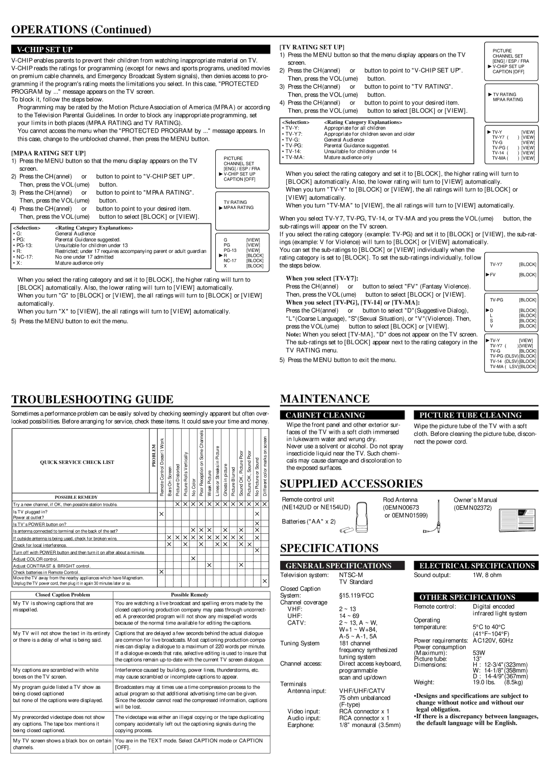 FUNAI DWT1304 owner manual Operations, Troubleshooting Guide, Maintenance, Supplied Accessories, Specifications 